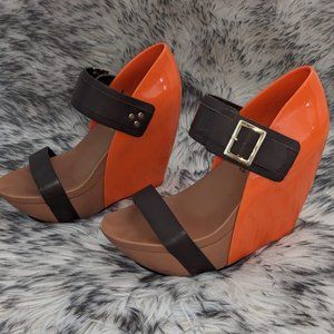 United Nude strapped chunk heel, orange, brown, gold